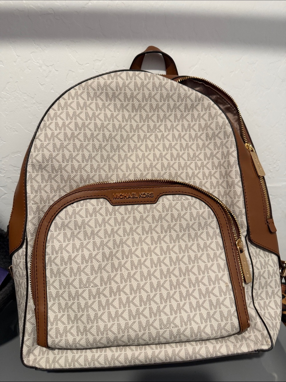 Michael Kors Cream & Brown MK Logo Backpack